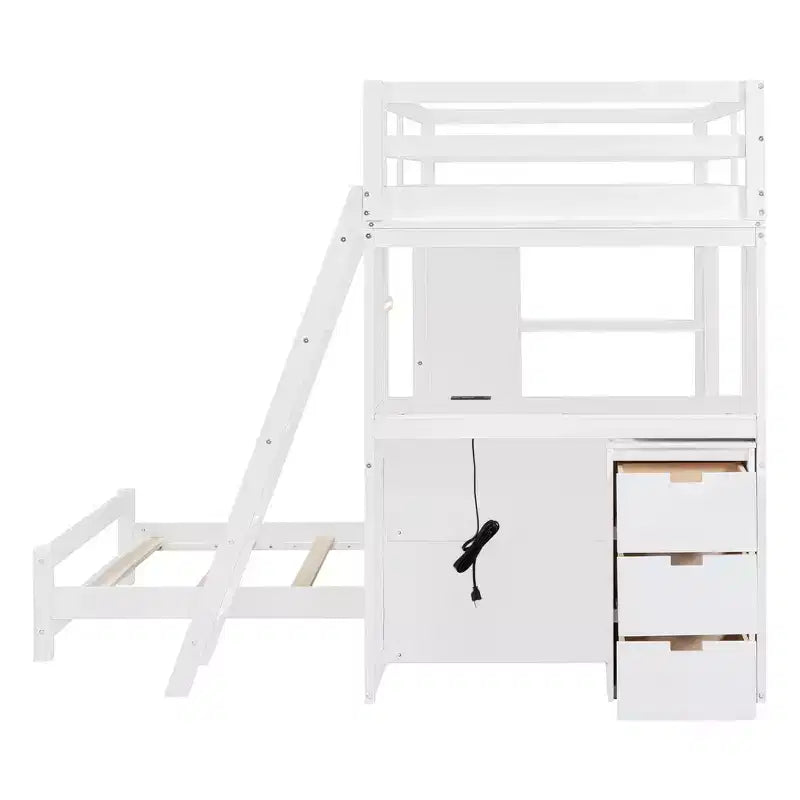 Lit superposé jumeau sur jumeau avec tiroirs, étagères, bureau, lumière LED et ports de chargement