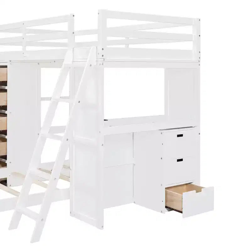 Lit superposé jumeau sur jumeau avec tiroirs, étagères, bureau, lumière LED et ports de chargement