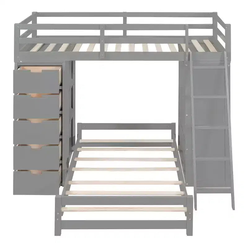 Lit superposé jumeau sur jumeau avec tiroirs, étagères, bureau, lumière LED et ports de chargement