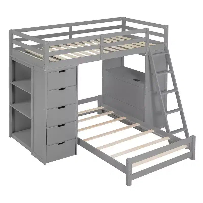 Lit superposé jumeau sur jumeau avec tiroirs, étagères, bureau, lumière LED et ports de chargement