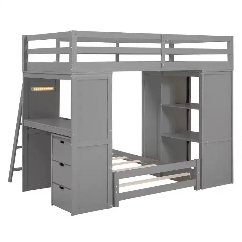 Lit superposé jumeau sur jumeau avec tiroirs, étagères, bureau, lumière LED et ports de chargement