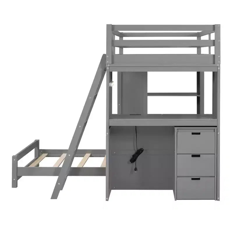 Lit superposé jumeau sur jumeau avec tiroirs, étagères, bureau, lumière LED et ports de chargement