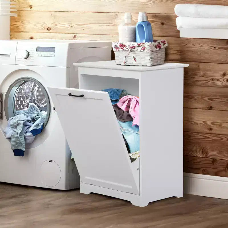 10 Gal. Tilt Out Trash Cabinet Laundry Hamper Kitchen Wooden Trash Can Holder Garbage Bin With Angle Adjustable Door