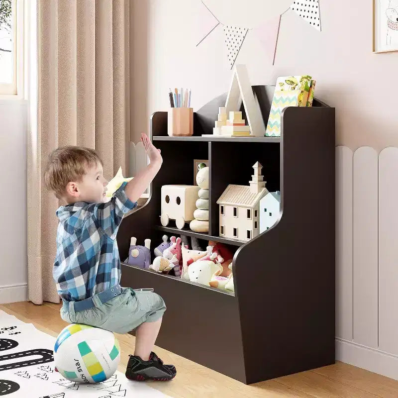 3-Tier Kids Toy Storage Organizer, Bookshelf with 5 Compartments, Toy and Book Shelf for Bedroom, Playroom, or Classroom, Brown