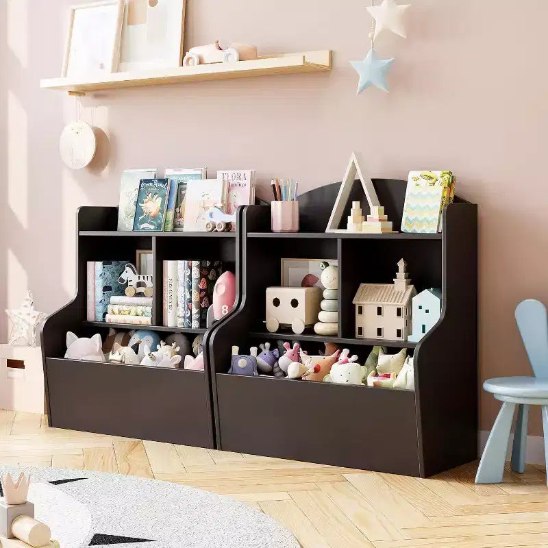 3-Tier Kids Toy Storage Organizer, Bookshelf with 5 Compartments, Toy and Book Shelf for Bedroom, Playroom, or Classroom, Brown