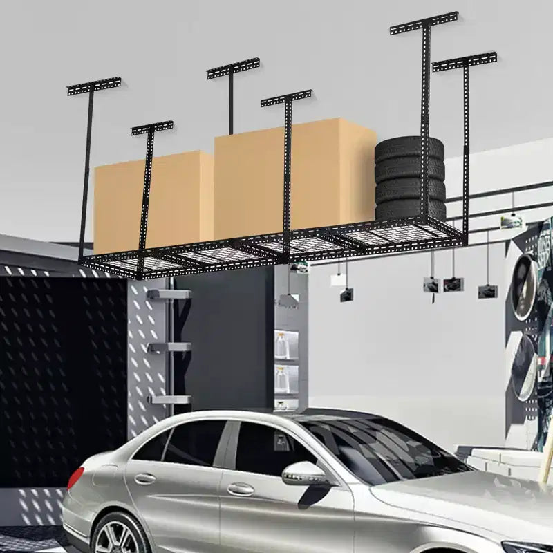 Étagère de Rangement de Garage Suspendue, Capacité Élevée en Acier, Hauteur Réglable 56-102 cm, Gain de Place pour Grenier Sous-sol Abri de Jardin (4/6 Poteaux)