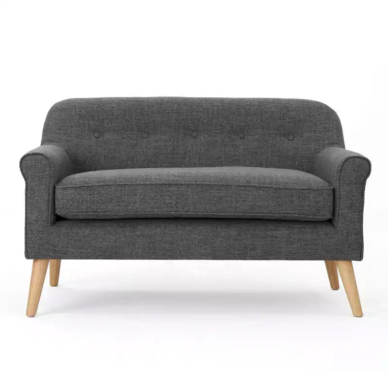 Mid-Century Modern Tufted Loveseat with Rolled Arms and Splayed Rubberwood Legs