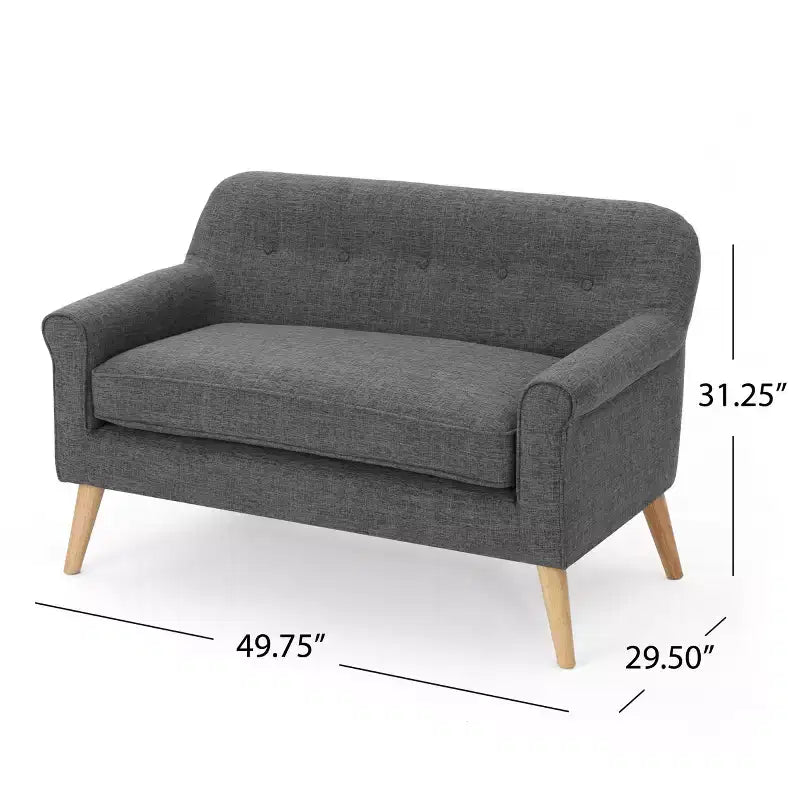 Mid-Century Modern Tufted Loveseat with Rolled Arms and Splayed Rubberwood Legs