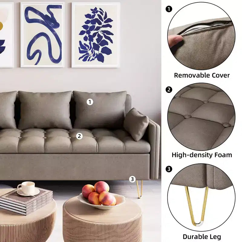 67''W 3 Seater Sofa Couch with Storage Under Seat Cushion, Mid-Century Modern Couch with Comfortable Armrest & with 5 Pillows