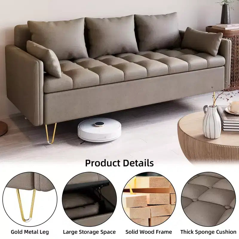 67''W 3 Seater Sofa Couch with Storage Under Seat Cushion, Mid-Century Modern Couch with Comfortable Armrest & with 5 Pillows