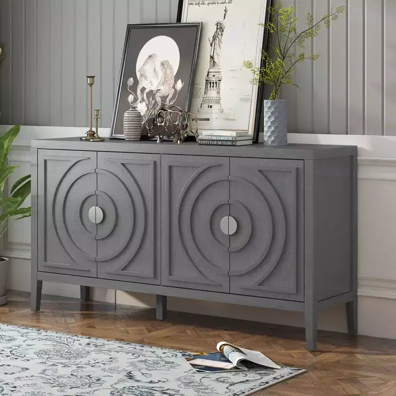 Retro Sideboard Door with Circular Groove Design Round Metal Door Handle for Entrance Dining Room Gray