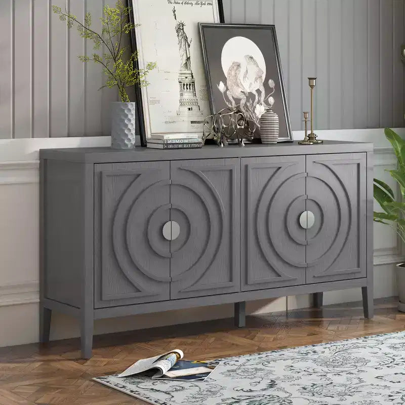 Buffet Rétro Porte avec Rainure Circulaire Design Poignée de Porte Ronde en Métal pour Entrée Salle à Manger Gris