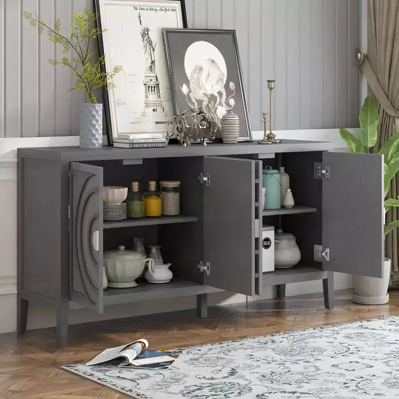 Buffet Rétro Porte avec Rainure Circulaire Design Poignée de Porte Ronde en Métal pour Entrée Salle à Manger Gris