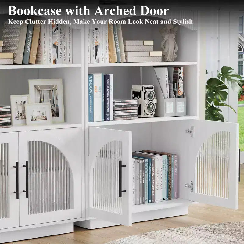 46 Bookshelf with Doors, Black Bookcase with Glass Door, 3 Tier Small Bookshelf