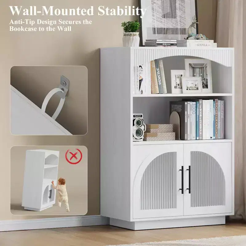 46 Bookshelf with Doors, Black Bookcase with Glass Door, 3 Tier Small Bookshelf