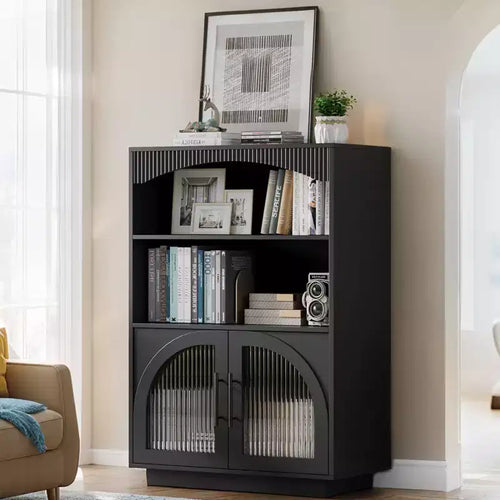Étagère à Livres avec Portes, Bibliothèque Noire avec Porte Vitrée, Petite Bibliothèque 3 Niveaux