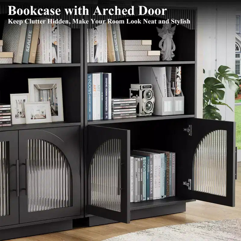 46 Bookshelf with Doors, Black Bookcase with Glass Door, 3 Tier Small Bookshelf
