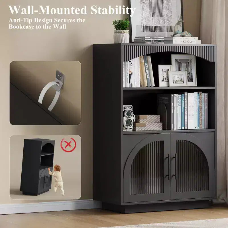 46 Bookshelf with Doors, Black Bookcase with Glass Door, 3 Tier Small Bookshelf