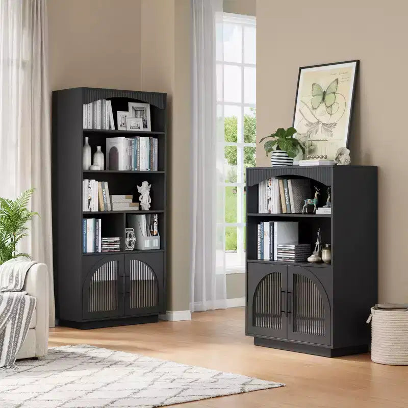 46 Bookshelf with Doors, Black Bookcase with Glass Door, 3 Tier Small Bookshelf