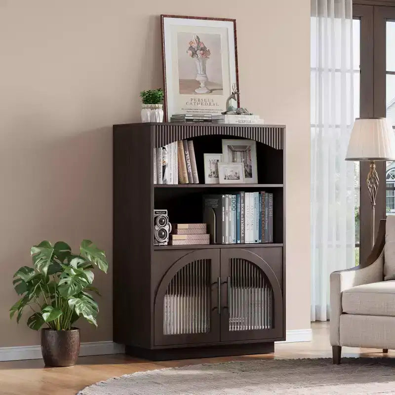 46 Bookshelf with Doors, Black Bookcase with Glass Door, 3 Tier Small Bookshelf