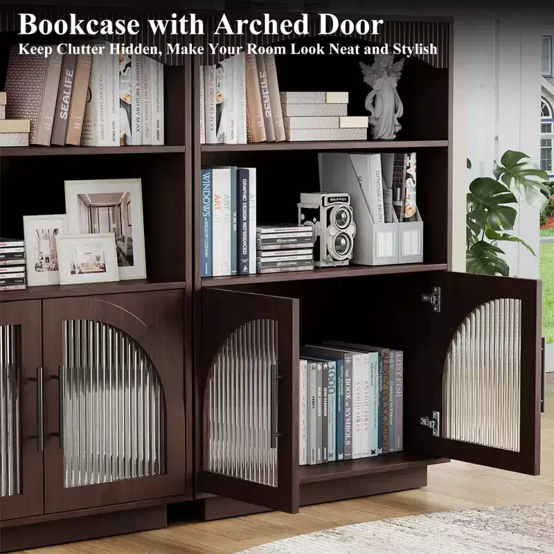 46 Bookshelf with Doors, Black Bookcase with Glass Door, 3 Tier Small Bookshelf