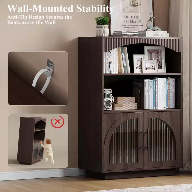 46 Bookshelf with Doors, Black Bookcase with Glass Door, 3 Tier Small Bookshelf