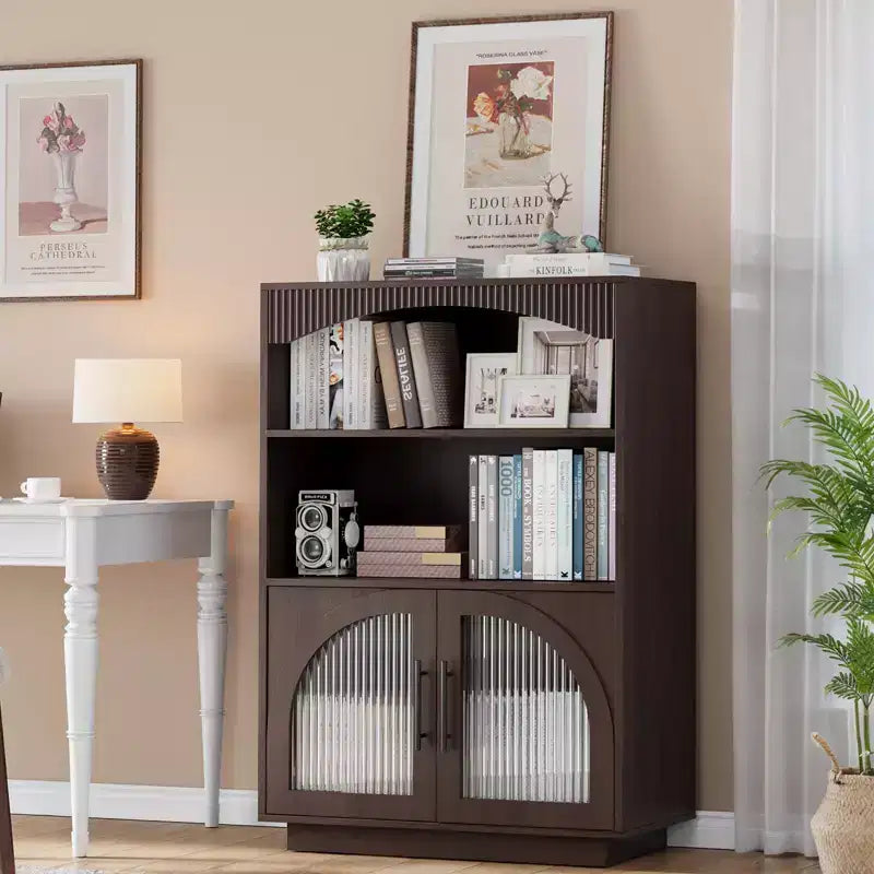 46 Bookshelf with Doors, Black Bookcase with Glass Door, 3 Tier Small Bookshelf