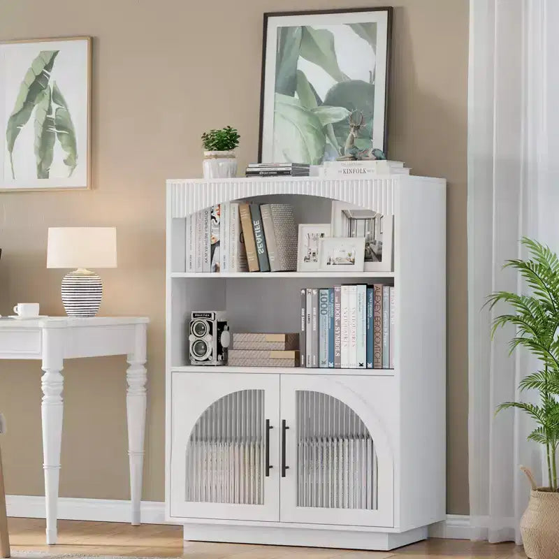 46 Bookshelf with Doors, Black Bookcase with Glass Door, 3 Tier Small Bookshelf