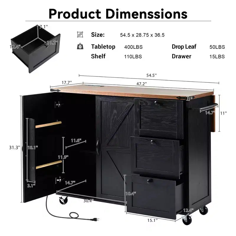 54.5 Farmhouse Rolling Kitchen Island with Power Outlet, Kitchen Storage Cart with Internal Storage Rack, Drop Leaf, Spice Rack