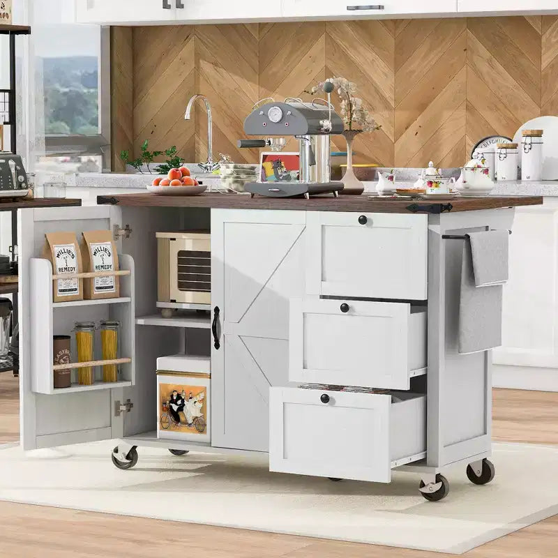 54.5 Farmhouse Rolling Kitchen Island with Power Outlet, Kitchen Storage Cart with Internal Storage Rack, Drop Leaf, Spice Rack