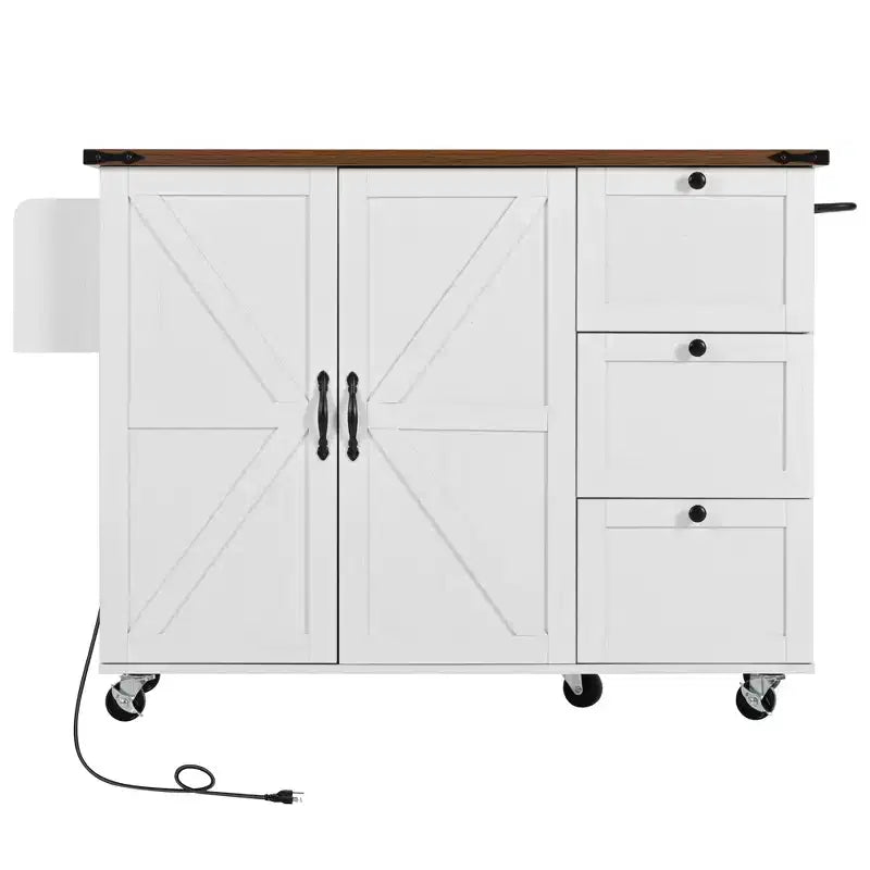 54.5 Farmhouse Rolling Kitchen Island with Power Outlet, Kitchen Storage Cart with Internal Storage Rack, Drop Leaf, Spice Rack