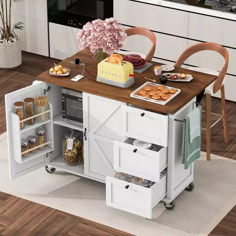 54.5 Farmhouse Rolling Kitchen Island with Power Outlet, Kitchen Storage Cart with Internal Storage Rack, Drop Leaf, Spice Rack