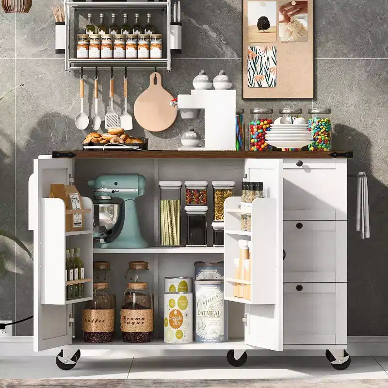 54.5 Farmhouse Rolling Kitchen Island with Power Outlet, Kitchen Storage Cart with Internal Storage Rack, Drop Leaf, Spice Rack