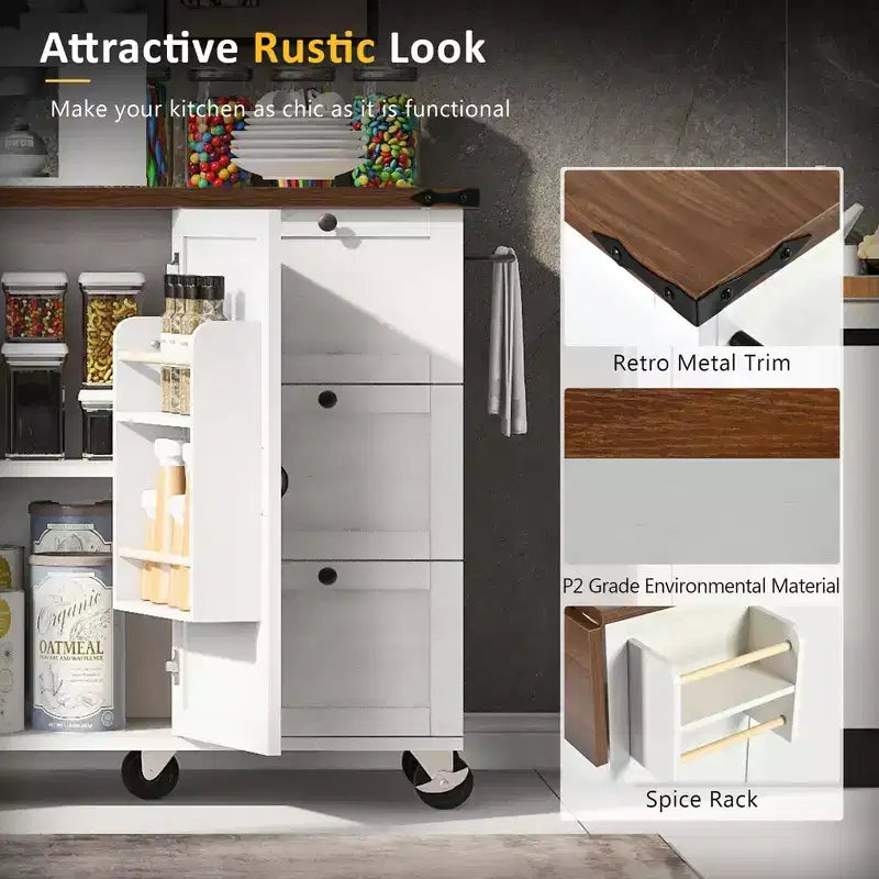 54.5 Farmhouse Rolling Kitchen Island with Power Outlet, Kitchen Storage Cart with Internal Storage Rack, Drop Leaf, Spice Rack