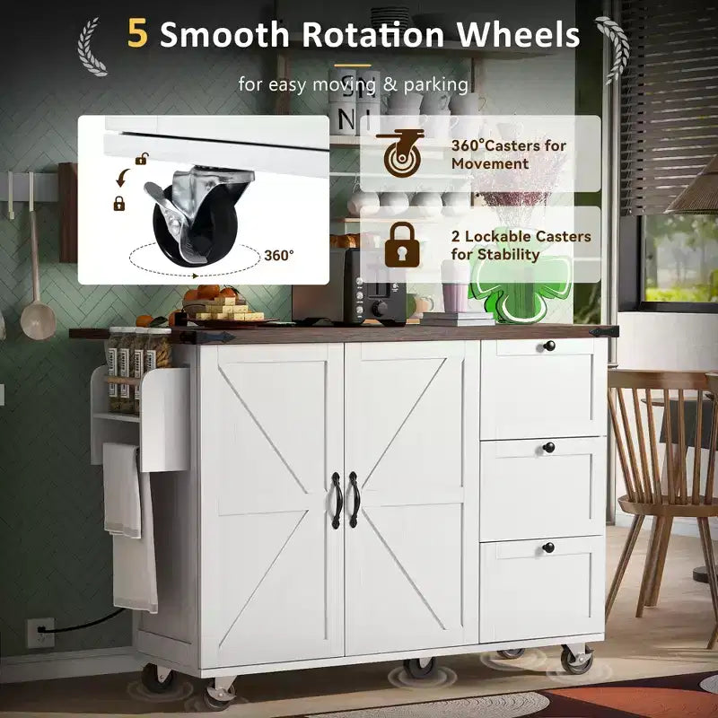 54.5 Farmhouse Rolling Kitchen Island with Power Outlet, Kitchen Storage Cart with Internal Storage Rack, Drop Leaf, Spice Rack