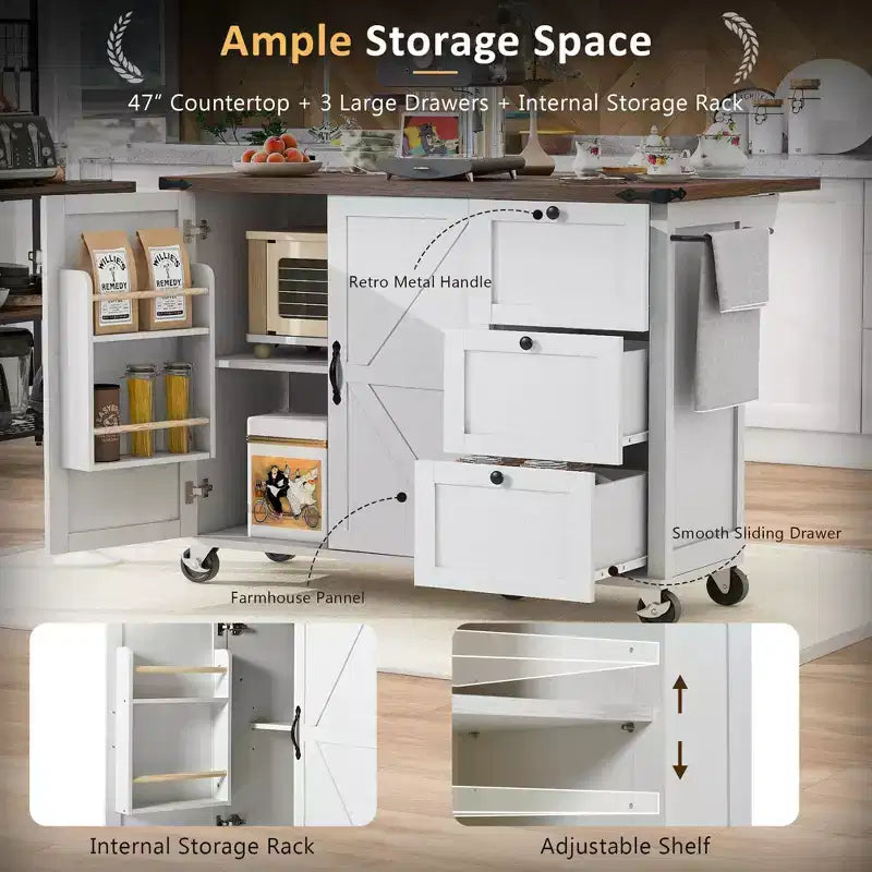 54.5 Farmhouse Rolling Kitchen Island with Power Outlet, Kitchen Storage Cart with Internal Storage Rack, Drop Leaf, Spice Rack
