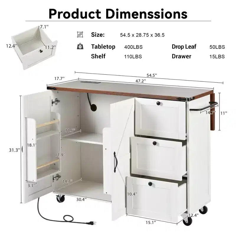 54.5 Farmhouse Rolling Kitchen Island with Power Outlet, Kitchen Storage Cart with Internal Storage Rack, Drop Leaf, Spice Rack