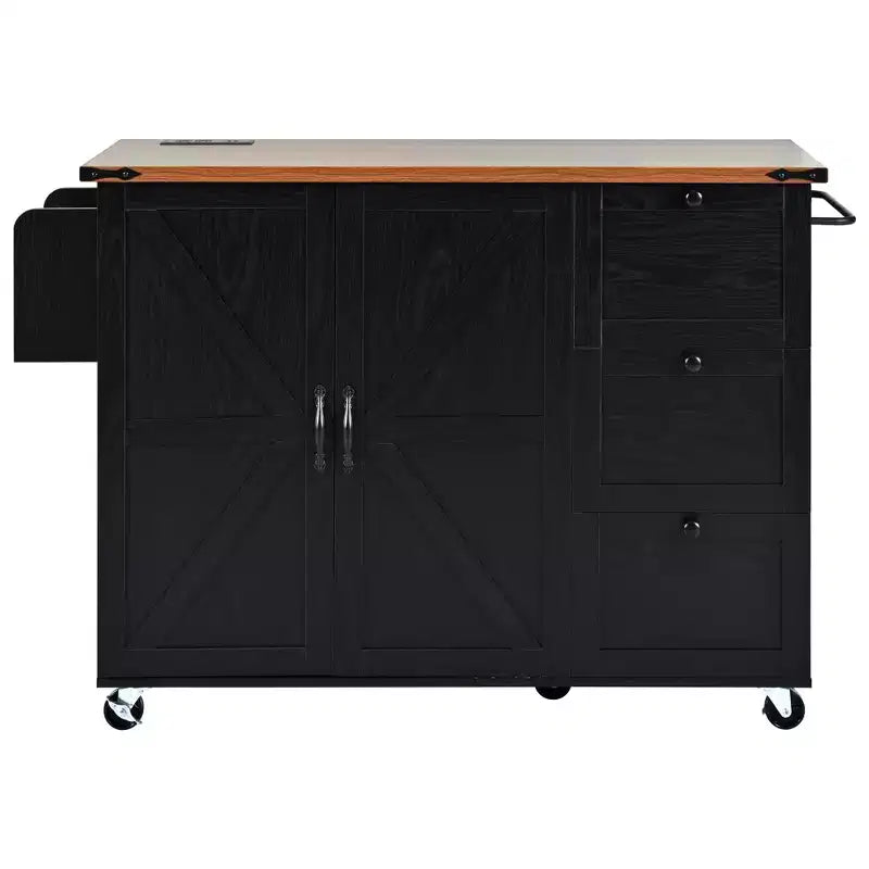 54.5 Farmhouse Rolling Kitchen Island with Power Outlet, Kitchen Storage Cart with Internal Storage Rack, Drop Leaf, Spice Rack