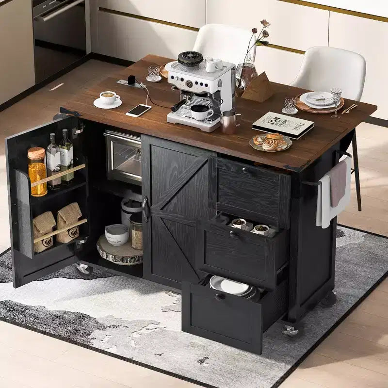 54.5 Farmhouse Rolling Kitchen Island with Power Outlet, Kitchen Storage Cart with Internal Storage Rack, Drop Leaf, Spice Rack