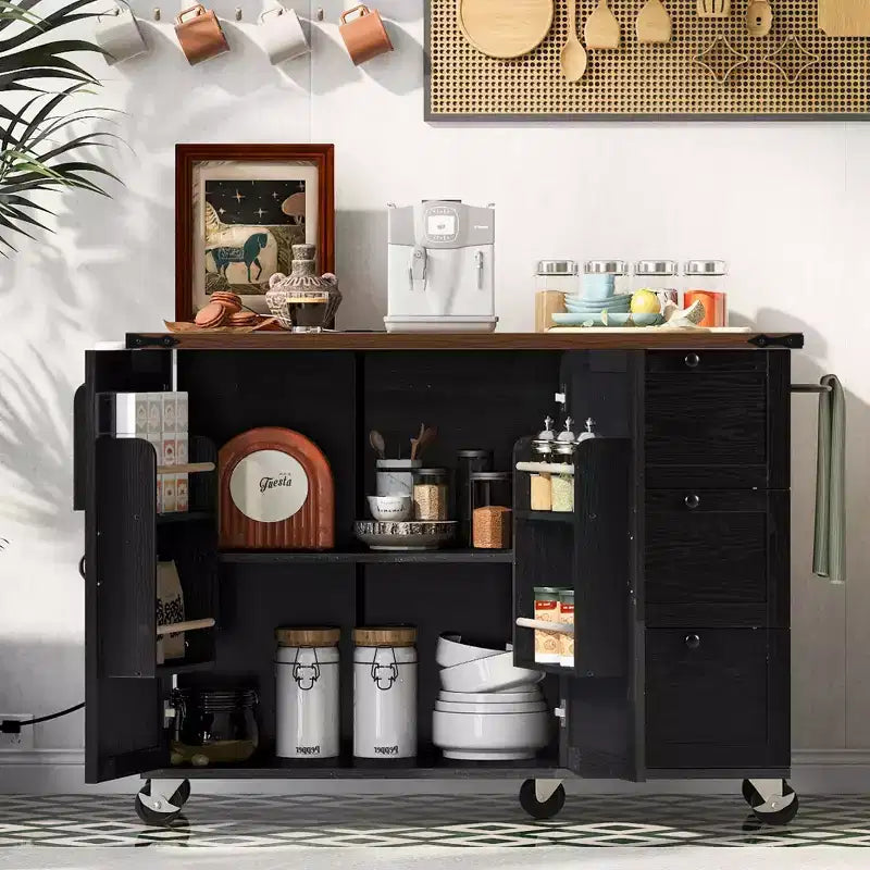 54.5 Farmhouse Rolling Kitchen Island with Power Outlet, Kitchen Storage Cart with Internal Storage Rack, Drop Leaf, Spice Rack