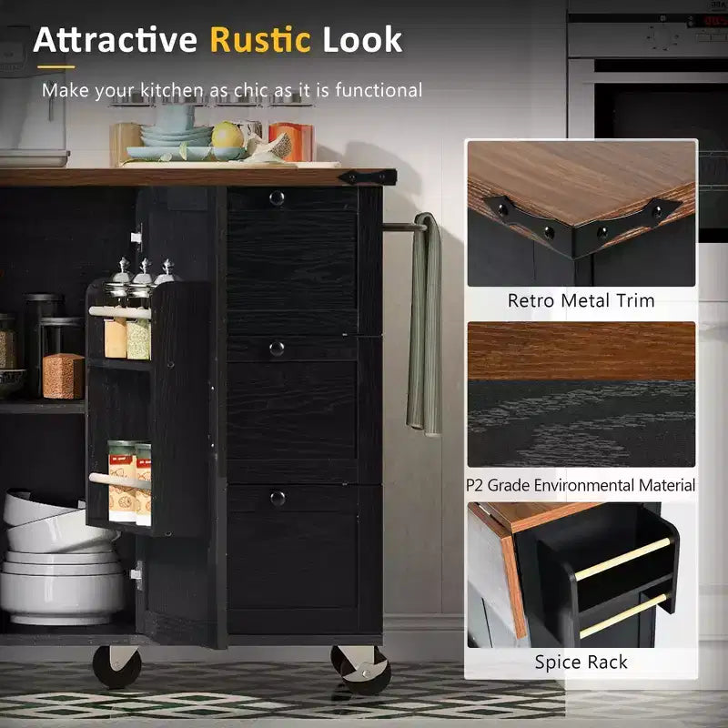 54.5 Farmhouse Rolling Kitchen Island with Power Outlet, Kitchen Storage Cart with Internal Storage Rack, Drop Leaf, Spice Rack