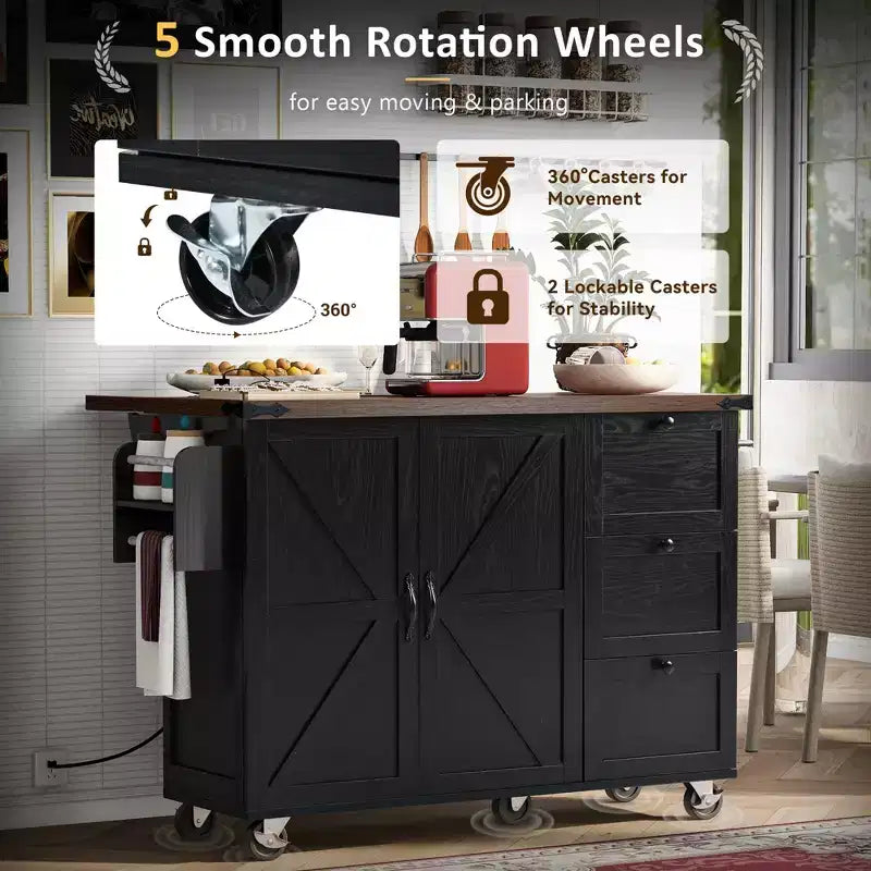 54.5 Farmhouse Rolling Kitchen Island with Power Outlet, Kitchen Storage Cart with Internal Storage Rack, Drop Leaf, Spice Rack