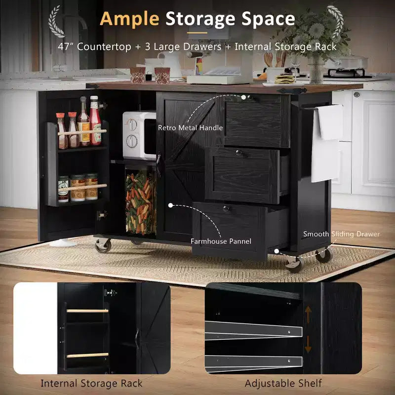 54.5 Farmhouse Rolling Kitchen Island with Power Outlet, Kitchen Storage Cart with Internal Storage Rack, Drop Leaf, Spice Rack