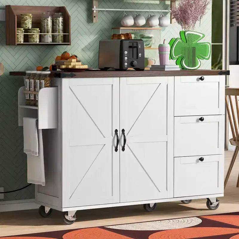 54.5 Farmhouse Rolling Kitchen Island with Power Outlet, Kitchen Storage Cart with Internal Storage Rack, Drop Leaf, Spice Rack