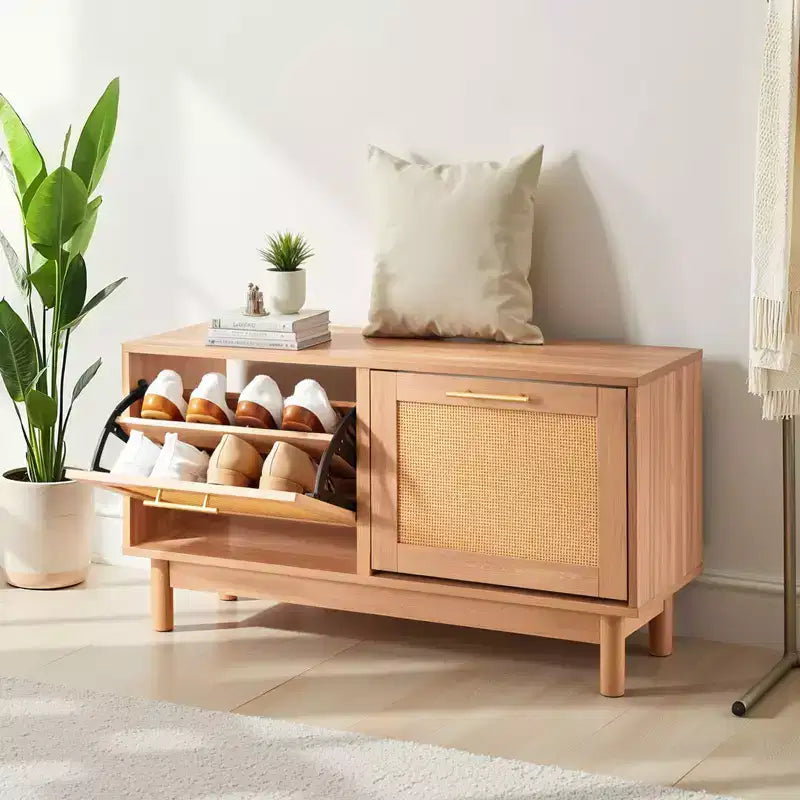 Entryway Shoe Bench, 39.4 x 11.8 x 20.9 Inch Rattan-Like Shoes Bench with 2 Flip Drawers, 300lbs Shoe Storage Rack with 4 Compartments, Brown