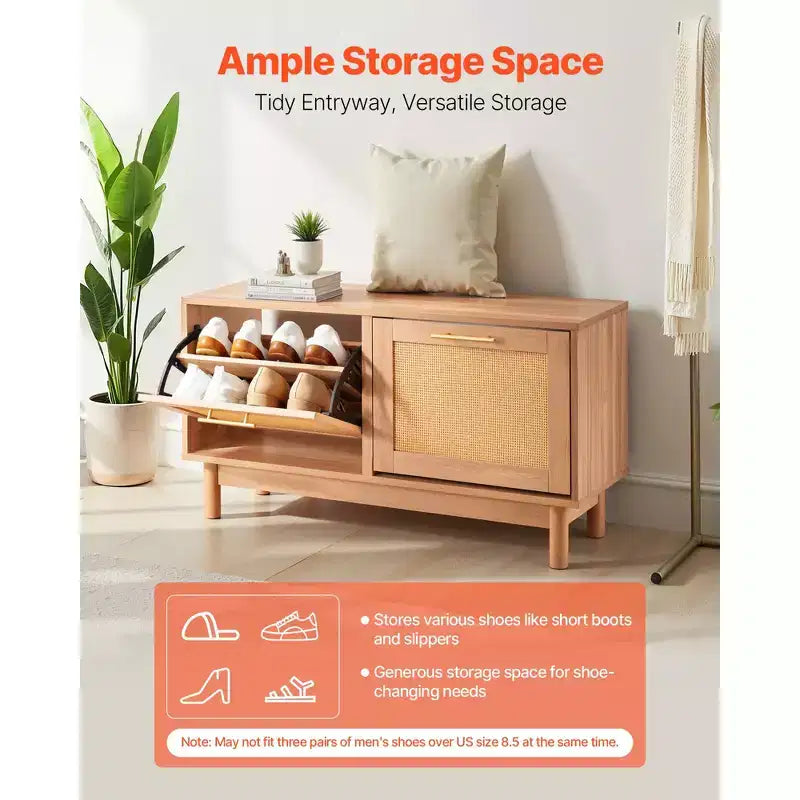 Entryway Shoe Bench, 39.4 x 11.8 x 20.9 Inch Rattan-Like Shoes Bench with 2 Flip Drawers, 300lbs Shoe Storage Rack with 4 Compartments, Brown