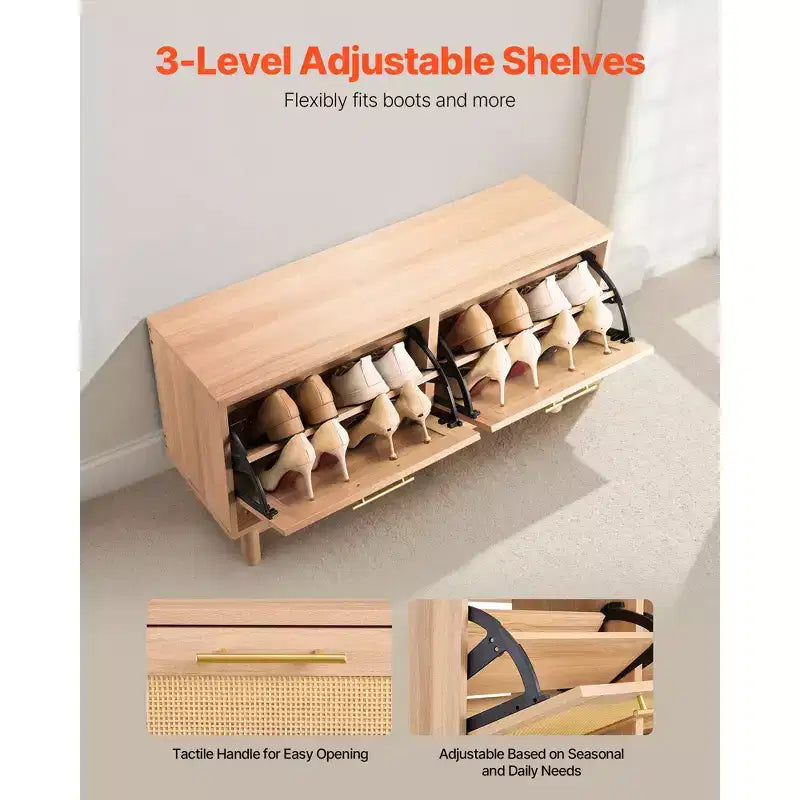 Entryway Shoe Bench, 39.4 x 11.8 x 20.9 Inch Rattan-Like Shoes Bench with 2 Flip Drawers, 300lbs Shoe Storage Rack with 4 Compartments, Brown