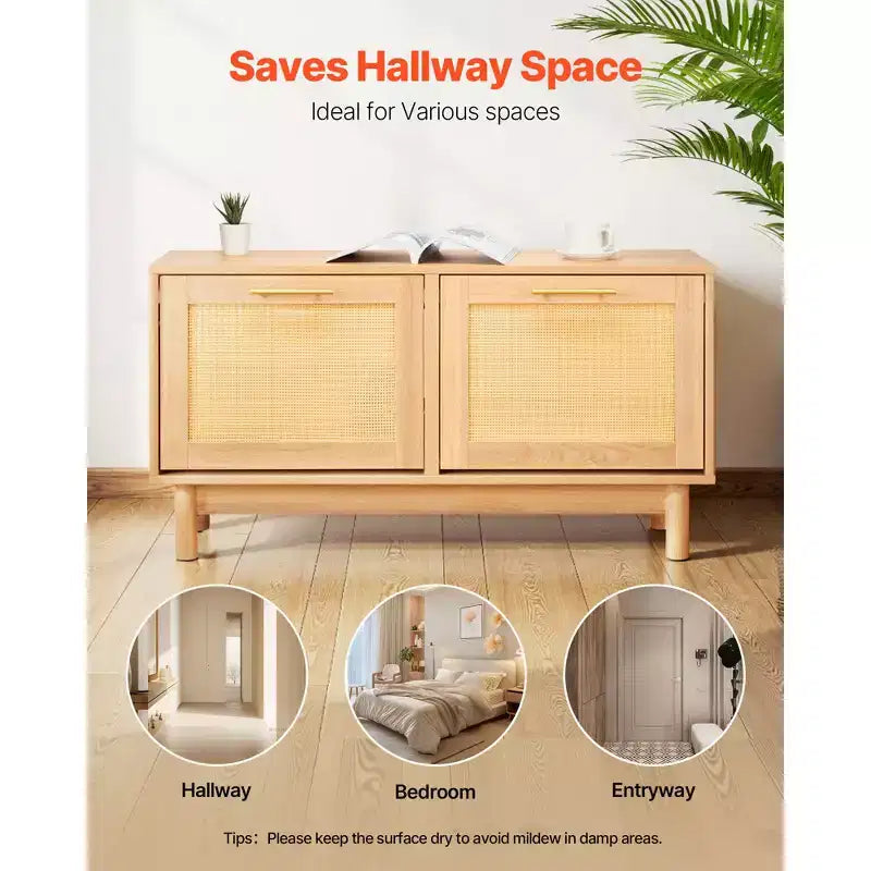 Entryway Shoe Bench, 39.4 x 11.8 x 20.9 Inch Rattan-Like Shoes Bench with 2 Flip Drawers, 300lbs Shoe Storage Rack with 4 Compartments, Brown