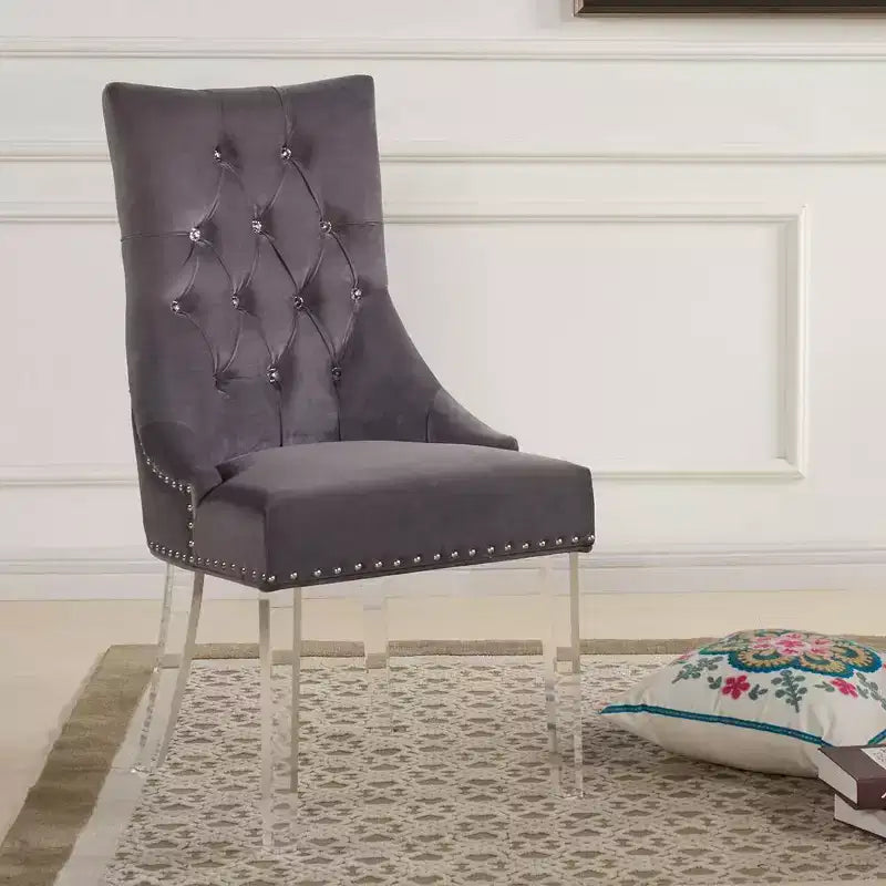 Armen Living, Modern and Contemporary Tufted Dining Chair in Gray Velvet with Acrylic Legs