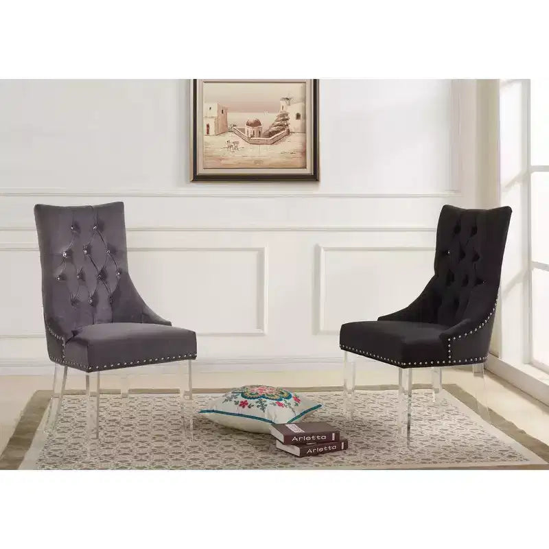 Armen Living, Modern and Contemporary Tufted Dining Chair in Gray Velvet with Acrylic Legs